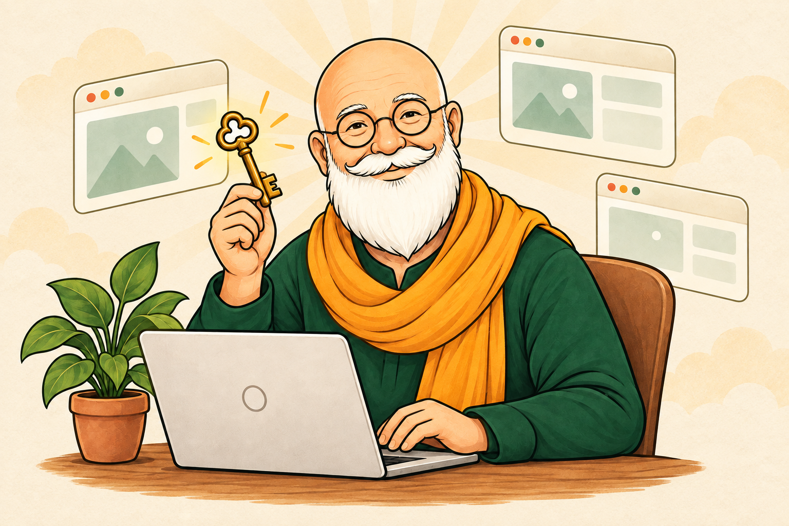 Friendly illustrated website guru holding a key beside a laptop and website sketches