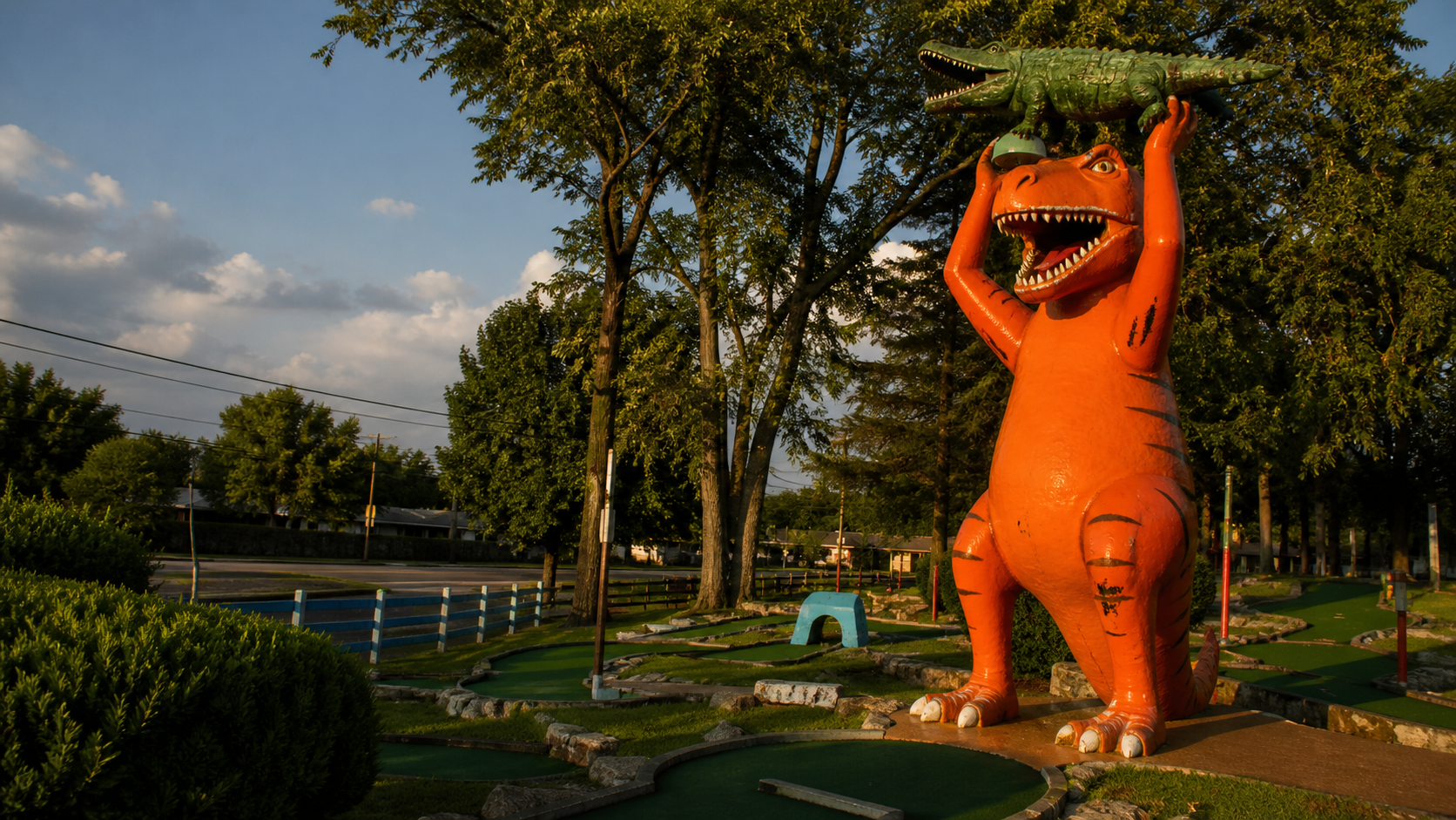 Original generated concept image of an orange roadside dinosaur at a miniature golf course